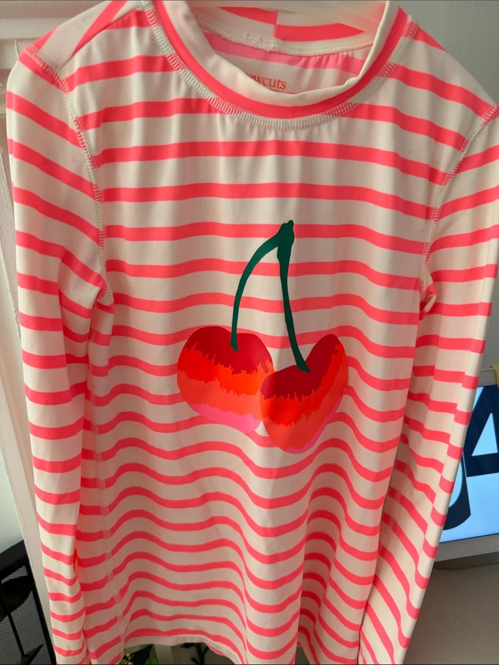 Crewcuts Pink & White Stripe Cherry Swim  top